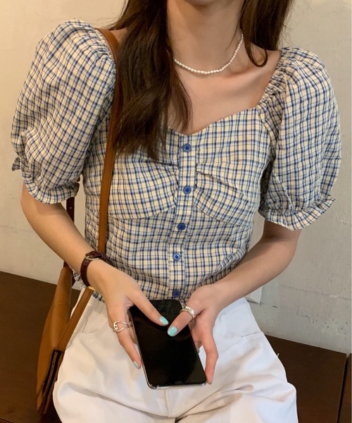 SONA(ソナ)の「SONYUNARA ハートネックチェック半袖ブラウス(Tシャツ/カットソー・レディース・イエロー/ブルー・MEDIUM)」の5枚目の写真
