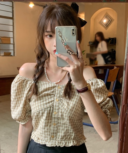 SONA(ソナ)の「SONYUNARA ハートネックチェック半袖ブラウス(Tシャツ/カットソー・レディース・イエロー/ブルー・MEDIUM)」の12枚目の写真