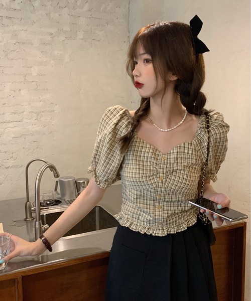 SONA(ソナ)の「SONYUNARA ハートネックチェック半袖ブラウス(Tシャツ/カットソー・レディース・イエロー/ブルー・MEDIUM)」の7枚目の写真