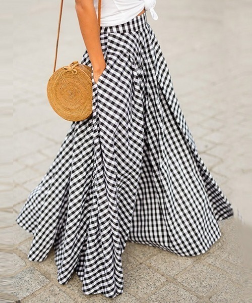 KOR（ケーオーアール）の「ギンガムチェック ワイドフレアプリーツスカート（スカート・レディース・ブラック/ネイビー・S/M/L/2XL/XL/4XL/5XL/3XL）」の6枚目の写真