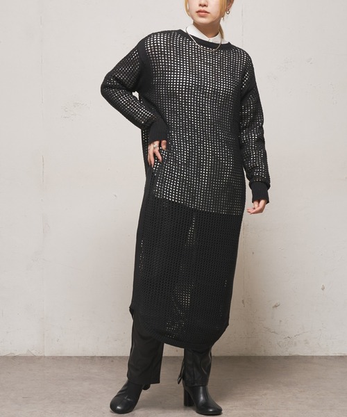 CIAOPANIC(チャオパニック)の「■メッシュ編みニットワンピース(ワンピース・レディース・ブラック/オフホワイト/オレンジ・FREE)」の1枚目の写真