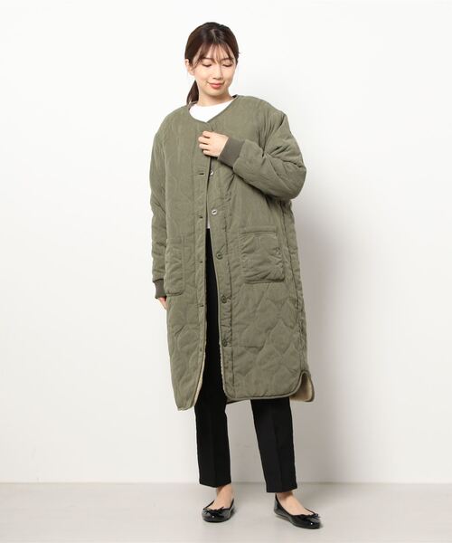 grn（ジーアールエヌ）の「［grn ジーアールエヌ］QUILTING×BOA RV COAT キルティング×ボア リバーシブル ロングコート GL132250Q（ノーカラーコート・レディース・オリーブ/ブラック・FREE）」の5枚目の写真