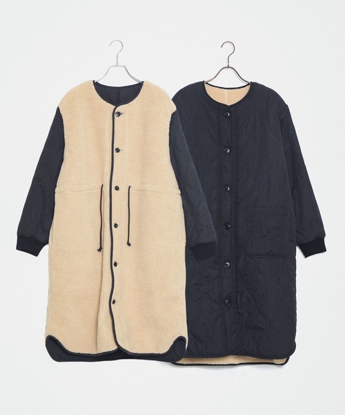 grn（ジーアールエヌ）の「［grn ジーアールエヌ］QUILTING×BOA RV COAT キルティング×ボア リバーシブル ロングコート GL132250Q（ノーカラーコート・レディース・オリーブ/ブラック・FREE）」の2枚目の写真