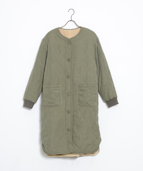 grn（ジーアールエヌ）の「［grn ジーアールエヌ］QUILTING×BOA RV COAT キルティング×ボア リバーシブル ロングコート GL132250Q（ノーカラーコート・レディース・オリーブ/ブラック・FREE）」の12枚目の写真