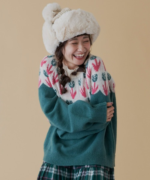 MERLOT（メルロー）の「チューリップニット（ニット/セーター・レディース・グリーン/ワインレッド/イエロー/ネイビー・FREE）」の5枚目の写真