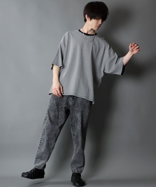 SITRY（シトリー）の「wide silhouette Heavy weight miclo border T-shirt/ワイドシルエット マイクロボーダー Ｔシャツ（Tシャツ/カットソー・メンズ・チャコールグレー/グリーン/ブラウン/ブラック・M/L）」の11枚目の写真