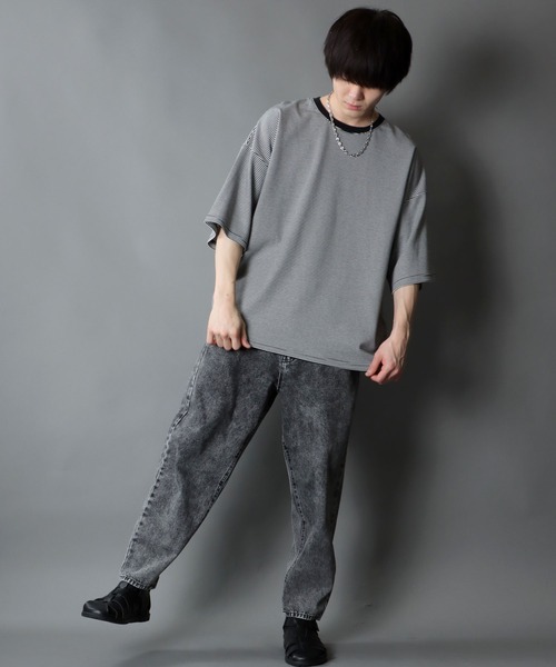SITRY（シトリー）の「wide silhouette Heavy weight miclo border T-shirt/ワイドシルエット マイクロボーダー Ｔシャツ（Tシャツ/カットソー・メンズ・チャコールグレー/グリーン/ブラウン/ブラック・M/L）」の9枚目の写真