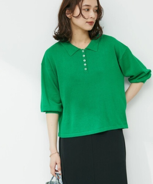 Green　Parks（グリーンパークス）の「衿ニット7分袖プルオーバー（ニット/セーター・レディース・ブラック/グリーン/オフホワイト・FREE）」の3枚目の写真