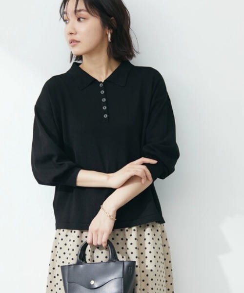 Green　Parks（グリーンパークス）の「衿ニット7分袖プルオーバー（ニット/セーター・レディース・ブラック/グリーン/オフホワイト・FREE）」の2枚目の写真