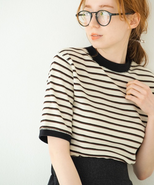 Crisp（クリスプ）の「ワッフルボーダーTシャツ（Tシャツ/カットソー・レディース・ブラウン/グリーン/アイボリー・FREE）」の3枚目の写真
