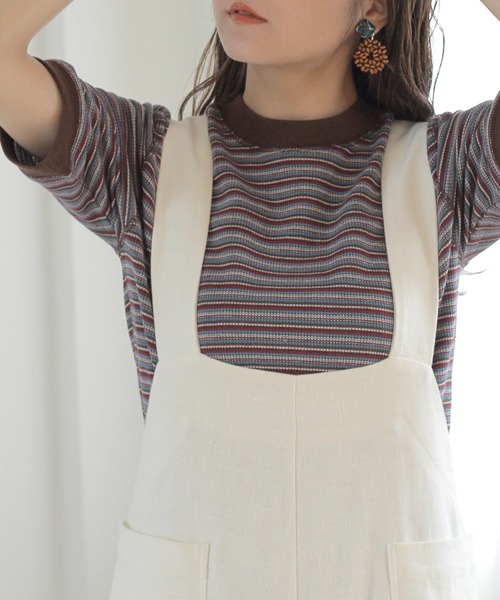 Crisp（クリスプ）の「ワッフルボーダーTシャツ（Tシャツ/カットソー・レディース・ブラウン/グリーン/アイボリー・FREE）」の2枚目の写真