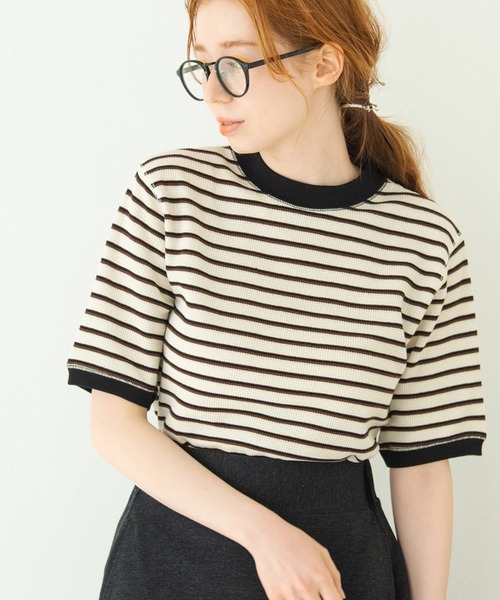 Crisp（クリスプ）の「ワッフルボーダーTシャツ（Tシャツ/カットソー・レディース・ブラウン/グリーン/アイボリー・FREE）」の4枚目の写真