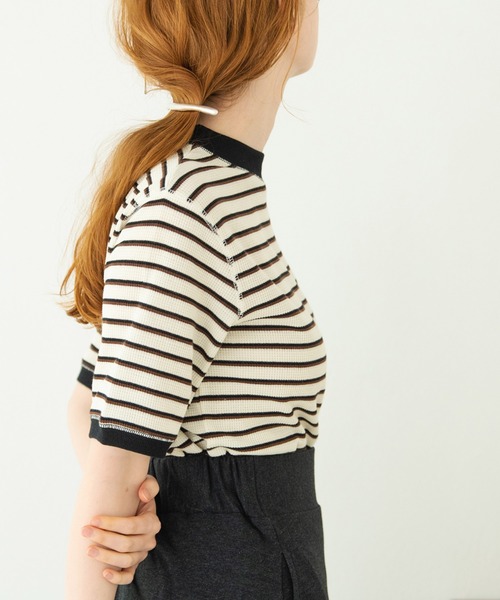 Crisp（クリスプ）の「ワッフルボーダーTシャツ（Tシャツ/カットソー・レディース・ブラウン/グリーン/アイボリー・FREE）」の5枚目の写真