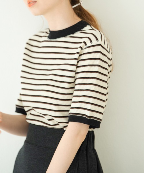 Crisp（クリスプ）の「ワッフルボーダーTシャツ（Tシャツ/カットソー・レディース・ブラウン/グリーン/アイボリー・FREE）」の7枚目の写真
