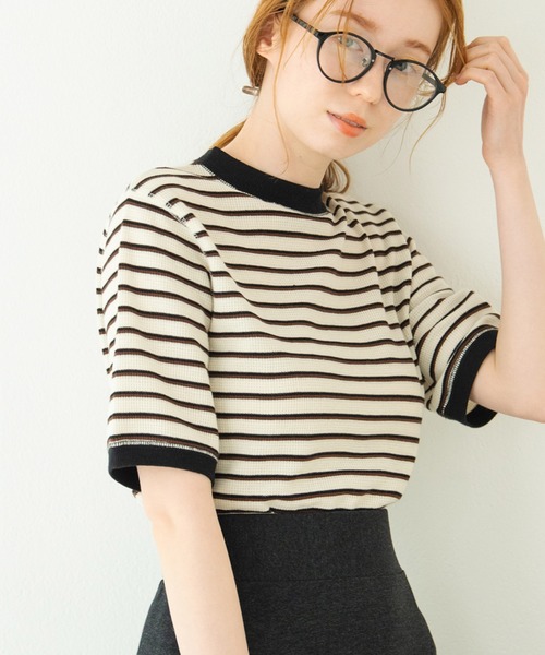Crisp（クリスプ）の「ワッフルボーダーTシャツ（Tシャツ/カットソー・レディース・ブラウン/グリーン/アイボリー・FREE）」の8枚目の写真