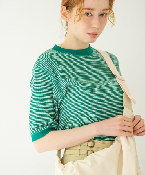 Crisp（クリスプ）の「ワッフルボーダーTシャツ（Tシャツ/カットソー・レディース・ブラウン/グリーン/アイボリー・FREE）」の11枚目の写真