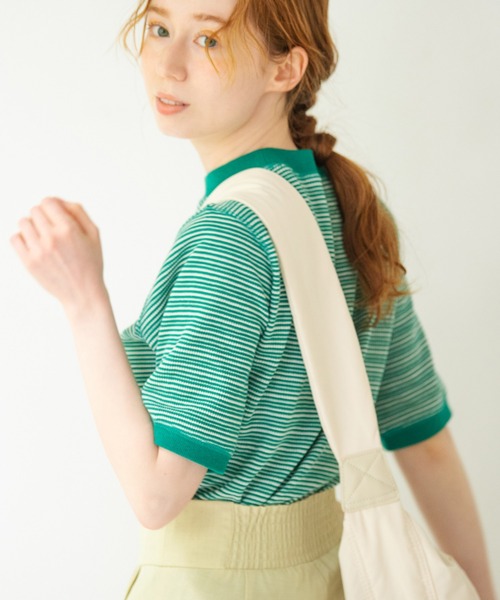 Crisp（クリスプ）の「ワッフルボーダーTシャツ（Tシャツ/カットソー・レディース・ブラウン/グリーン/アイボリー・FREE）」の13枚目の写真