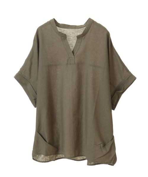 SOFFITTO（ソフィット）の「フレンチリネンバンドカラーブラウス【取り扱い店舗限定】（シャツ/ブラウス・レディース・ブラック/キャメル/オレンジ/レモンイエロー/グリーン/ストライプ/カーキ/オフホワイト・L/M）」の4枚目の写真