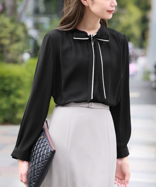 セール】バイカラーボウタイ付き2wayブラウス オフィス ビジネス