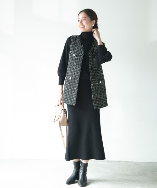 M.deux(エムドゥ)の「ノーカラーツイードジレ(ノーカラージャケット・レディース・ブラック/オフホワイト・MEDIUM)」の3枚目の写真