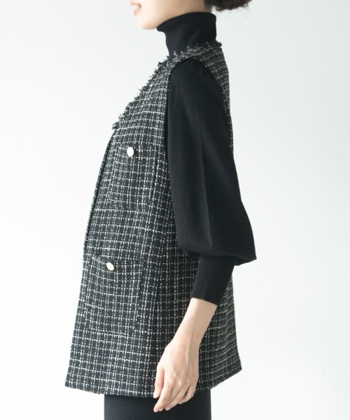 M.deux(エムドゥ)の「ノーカラーツイードジレ(ノーカラージャケット・レディース・ブラック/オフホワイト・MEDIUM)」の5枚目の写真