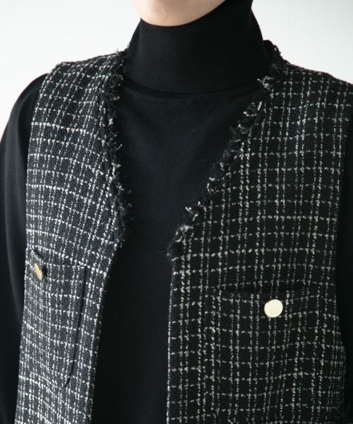 M.deux(エムドゥ)の「ノーカラーツイードジレ(ノーカラージャケット・レディース・ブラック/オフホワイト・MEDIUM)」の7枚目の写真