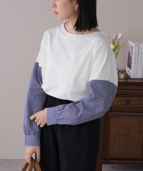 IAMUSE(アイアミューズ)の「【1枚でレイヤー風】袖ドッキングカットソー S0430【IAMUSE】(Tシャツ/カットソー・レディース・ブラウン/ブラック/ブラック系/ホワイト系/グレー・FREE)」の2枚目の写真