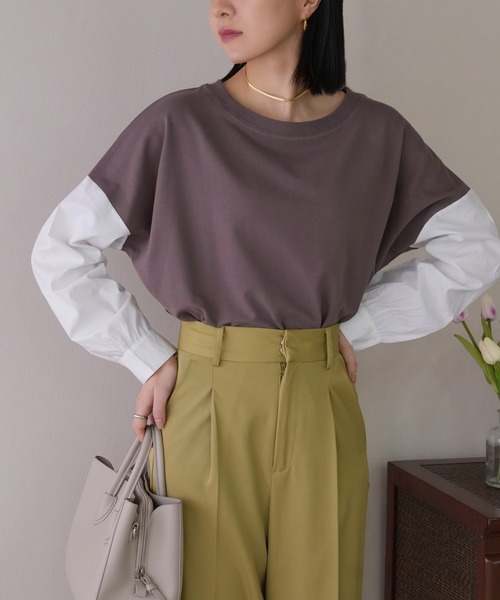 IAMUSE(アイアミューズ)の「【1枚でレイヤー風】袖ドッキングカットソー S0430【IAMUSE】(Tシャツ/カットソー・レディース・ブラウン/ブラック/ブラック系/ホワイト系/グレー・FREE)」の1枚目の写真