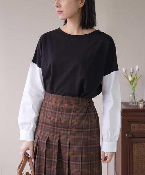 IAMUSE(アイアミューズ)の「【1枚でレイヤー風】袖ドッキングカットソー S0430【IAMUSE】(Tシャツ/カットソー・レディース・ブラウン/ブラック/ブラック系/ホワイト系/グレー・FREE)」の3枚目の写真