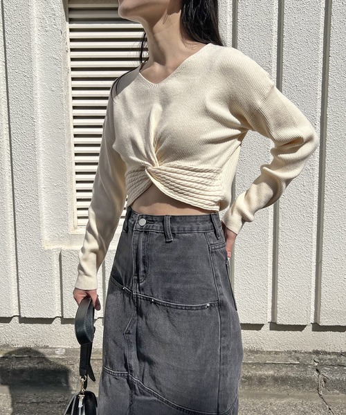 Jewelobe（ジュエローブ）の「フロントノットクロップドニット（ニット/セーター・レディース・ブラック/アイボリー/グリーン/ホワイト・FREE）」の10枚目の写真