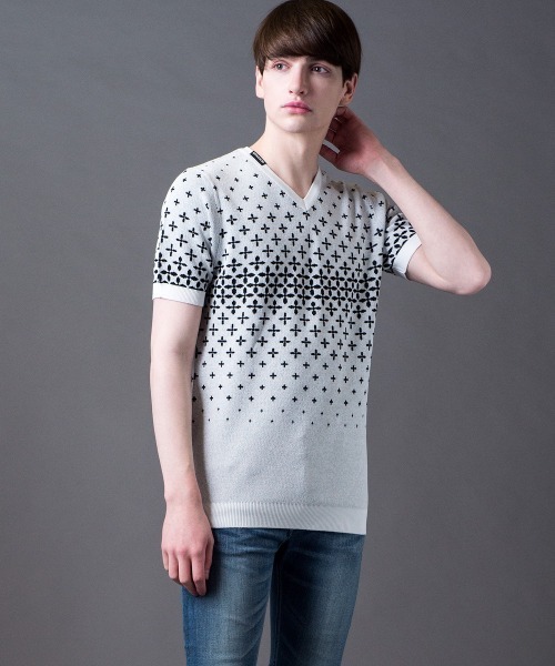 Buffalo Bobs（バッファローボブズ）の「SHIPPO(シッポウ)モノグラム Vネック 半袖ニット（ニット/セーター・メンズ・ホワイト/ネイビー/ブラック・1-2/2-3）」の11枚目の写真