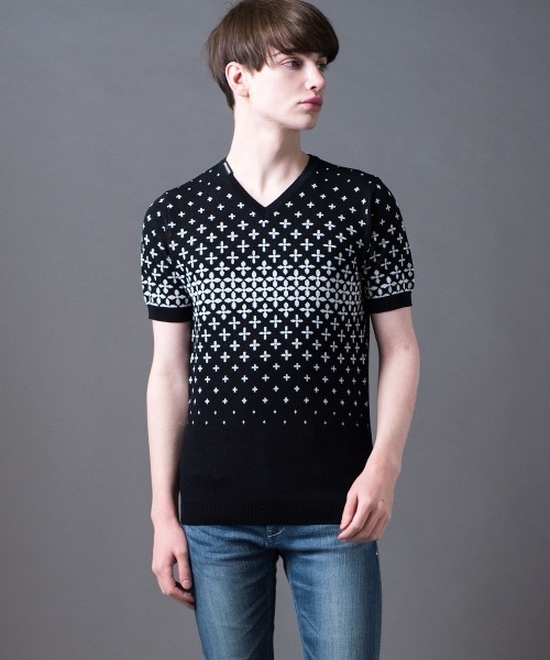 Buffalo Bobs（バッファローボブズ）の「SHIPPO(シッポウ)モノグラム Vネック 半袖ニット（ニット/セーター・メンズ・ホワイト/ネイビー/ブラック・1-2/2-3）」の15枚目の写真