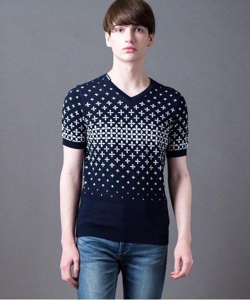 Buffalo Bobs（バッファローボブズ）の「SHIPPO(シッポウ)モノグラム Vネック 半袖ニット（ニット/セーター・メンズ・ホワイト/ネイビー/ブラック・1-2/2-3）」の21枚目の写真