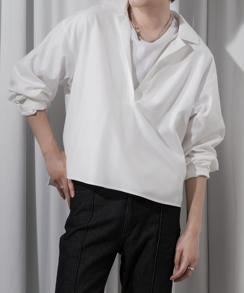 Adoon plain（アドーンプレーン）の「【Oversized skipper shirt】/オーバーサイズスキッパーシャツ（シャツ/ブラウス・メンズ・ブルー/オフホワイト/ブラック・MEDIUM/LARGE）」の2枚目の写真