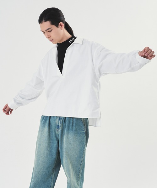 Adoon plain（アドーンプレーン）の「【Oversized skipper shirt】/オーバーサイズスキッパーシャツ（シャツ/ブラウス・メンズ・ブルー/オフホワイト/ブラック・MEDIUM/LARGE）」の6枚目の写真