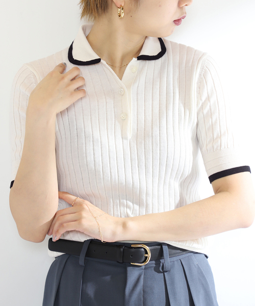 セール】【SLOANE/スローン】12Gワイドリブ バイカラー半袖ポロニット