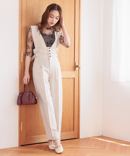 mysty woman(ミスティウーマン)の「ハイウエストサスツキパンツ 906366(その他パンツ・レディース・ブラック/ホワイト系その他/ライトグリーン・FREE)」の2枚目の写真