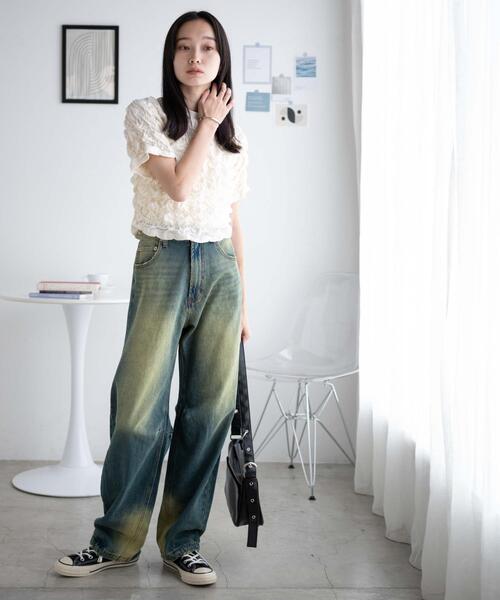 WEGO（ウィゴー）の「WEGO/シャーリングトップス（Tシャツ/カットソー・レディース・ブラック/オフホワイト・FREE）」の3枚目の写真