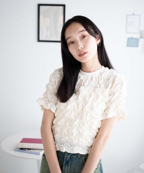 WEGO（ウィゴー）の「WEGO/シャーリングトップス（Tシャツ/カットソー・レディース・ブラック/オフホワイト・FREE）」の7枚目の写真