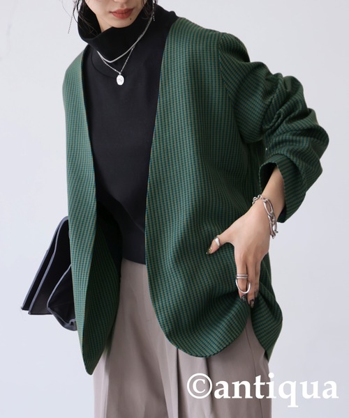antiqua（アンティカ）の「ガンクラブチェック柄ジャケット（ノーカラージャケット・レディース・グレー/グリーン・FREE）」の8枚目の写真