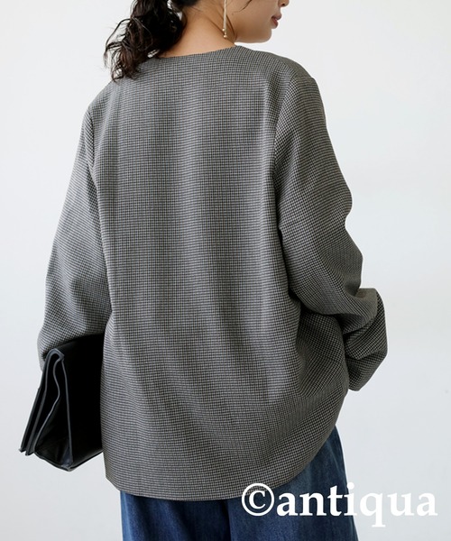 antiqua（アンティカ）の「ガンクラブチェック柄ジャケット（ノーカラージャケット・レディース・グレー/グリーン・FREE）」の5枚目の写真