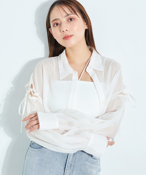 INGNI（イング）の「肩スリットリボンラメシアーショート／シャツ（シャツ/ブラウス・レディース・オフホワイト/ミント/ピンク/ブラック/サックスブルー・M）」の13枚目の写真