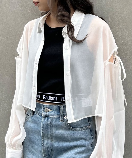 INGNI（イング）の「肩スリットリボンラメシアーショート／シャツ（シャツ/ブラウス・レディース・オフホワイト/ミント/ピンク/ブラック/サックスブルー・M）」の15枚目の写真