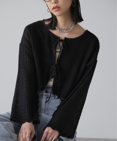 FREE'S MART(フリーズマート)の「◇幾何柄シアーリボンカーディガン(カーディガン/ボレロ・レディース・ホワイト/ブラック・FREE)」の2枚目の写真