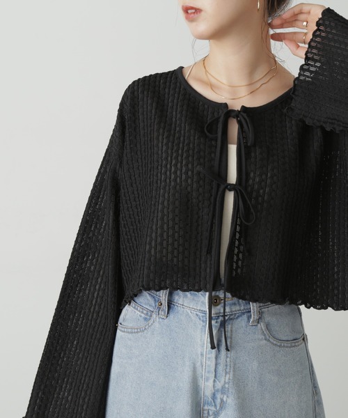 FREE'S MART(フリーズマート)の「◇幾何柄シアーリボンカーディガン(カーディガン/ボレロ・レディース・ホワイト/ブラック・FREE)」の4枚目の写真