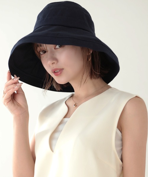 Little&More(リトルアンドモア)の「バケットハット 綿麻 あご紐 ワイヤー入り(ハット・レディース・カーキ/ブラック/ブルー/ベージュ/ネイビー・FREE)」の4枚目の写真