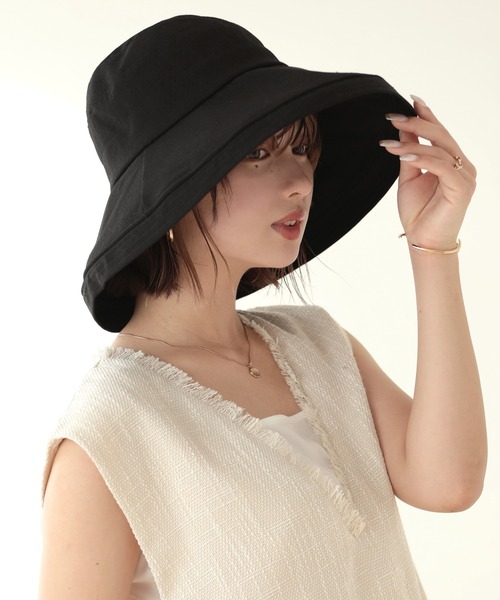 Little&More(リトルアンドモア)の「バケットハット 綿麻 あご紐 ワイヤー入り(ハット・レディース・カーキ/ブラック/ブルー/ベージュ/ネイビー・FREE)」の1枚目の写真