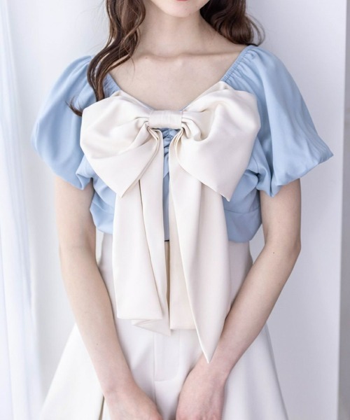 clear（クリア）の「前後2wayリボンバイカラーパフスリーブブラウス［バレエコア ガーリー］≪再入荷≫（シャツ/ブラウス・レディース・アイボリー/サックスブルー/ブラック・F）」の3枚目の写真