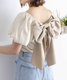 前後2wayリボンバイカラーパフスリーブブラウス［バレエコア ガーリー］≪再入荷≫