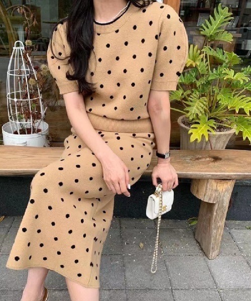 【セール】ドット半袖ニット+ペンシルスカート ツーピースセットアップ（ワンピース）｜Ritomo De Ricco（リトモ・デ・リコ）